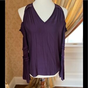 RAMY BROOK PLUM SILK V-neck Cold Shoulder sheer detail & bell sleeve top XS